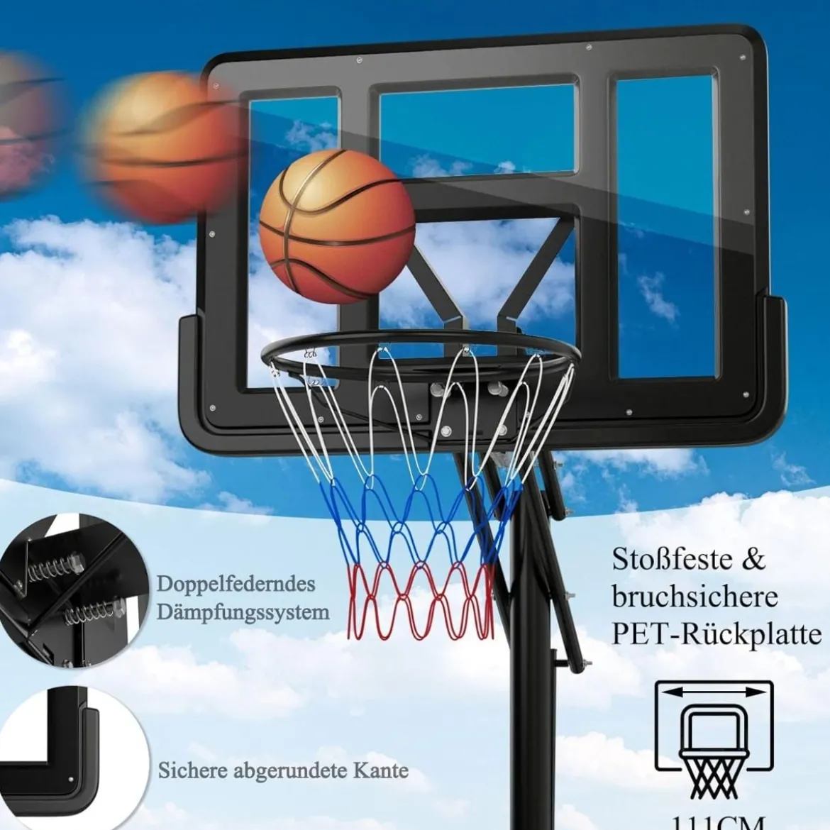 245-305 cm Höhenverstellbarer Basketballständer Tragbarer Basketballkorb mit Ständer Schwarz