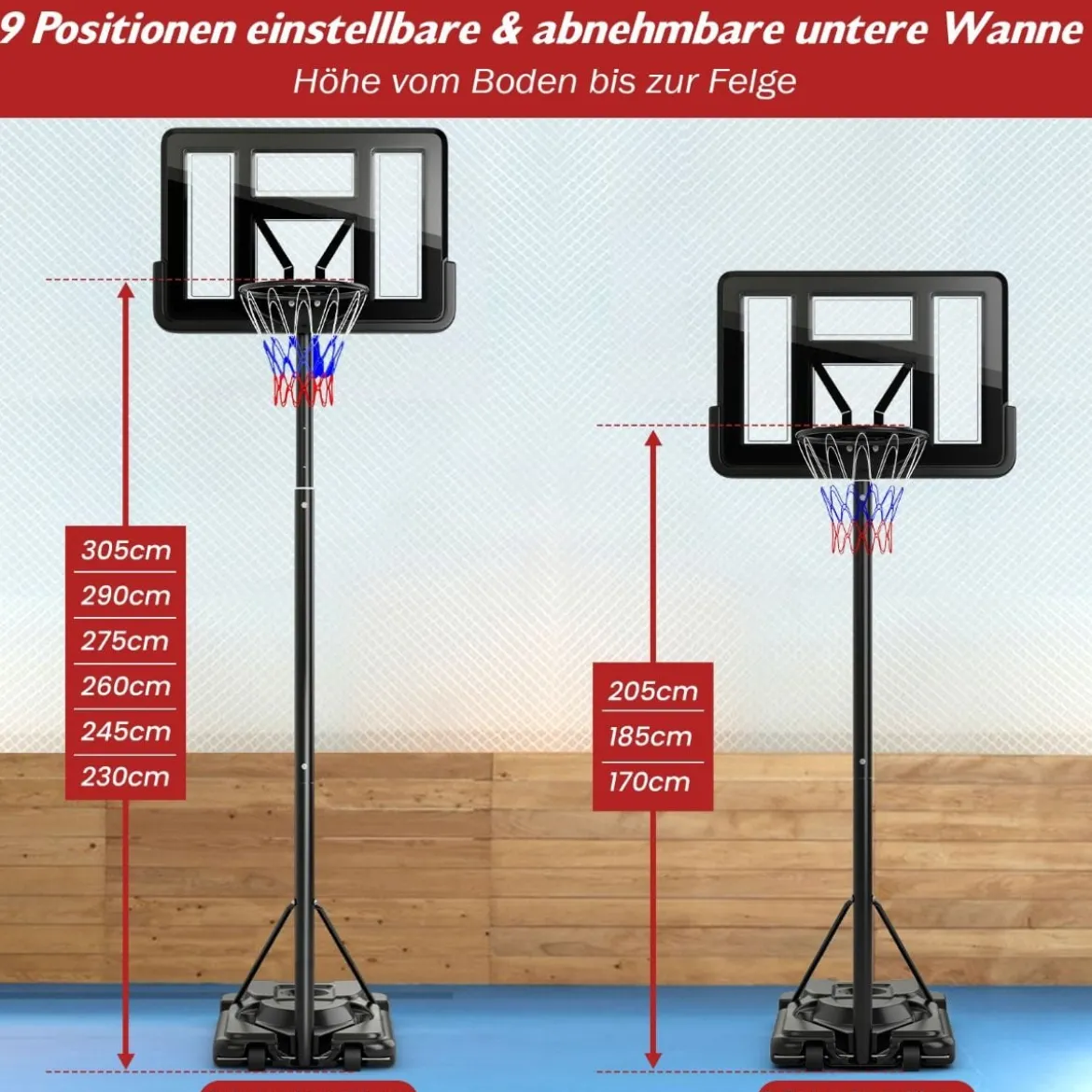 170-305cm Höhenverstellbarer Basketballständer Outdoor Basketballkorb mit Ständer