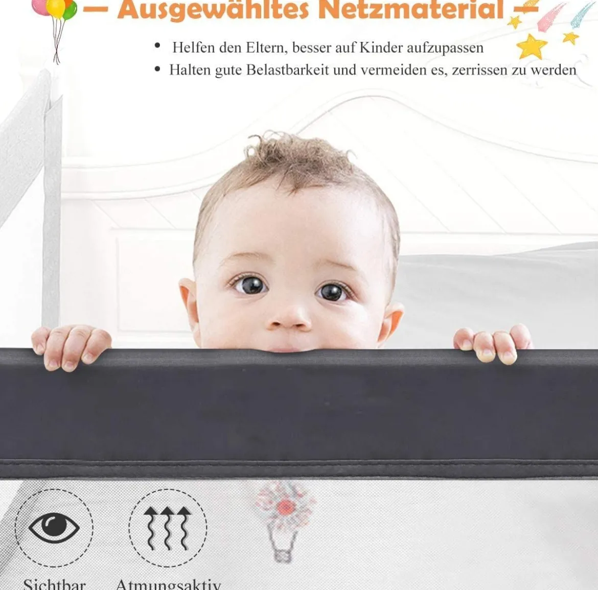 100cm Höhenverstellbares Bettschutzgitter mit Befestigungsgurt geeignet für Doppelmatratzen Grau