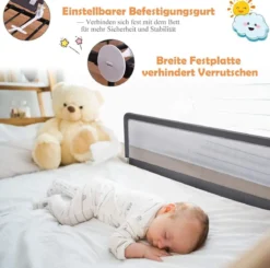 100cm Höhenverstellbares Bettschutzgitter mit Befestigungsgurt geeignet für Doppelmatratzen Grau