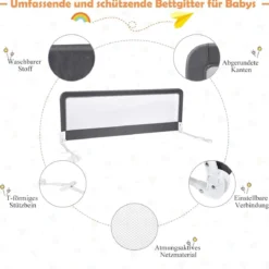 100cm Höhenverstellbares Bettschutzgitter mit Befestigungsgurt geeignet für Doppelmatratzen Grau