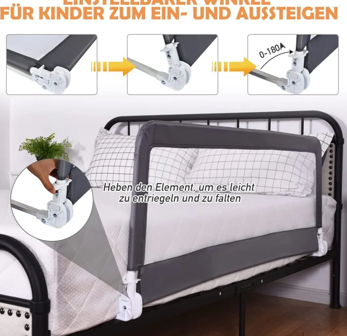 150cm Höhenverstellbares Bettschutzgitter mit Befestigungsgurt geeignet für Doppelmatratzen Grau