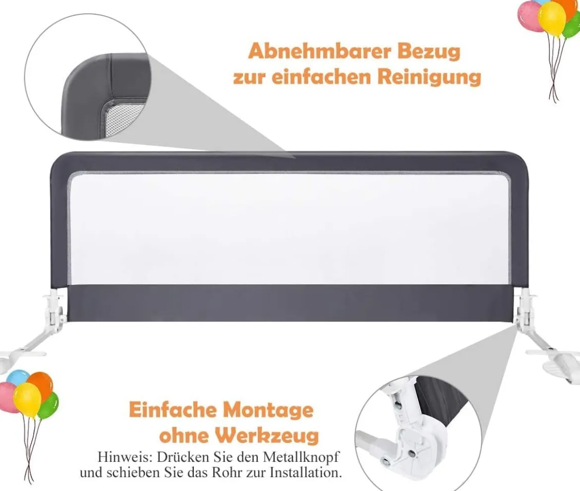 150cm Höhenverstellbares Bettschutzgitter mit Befestigungsgurt geeignet für Doppelmatratzen Grau