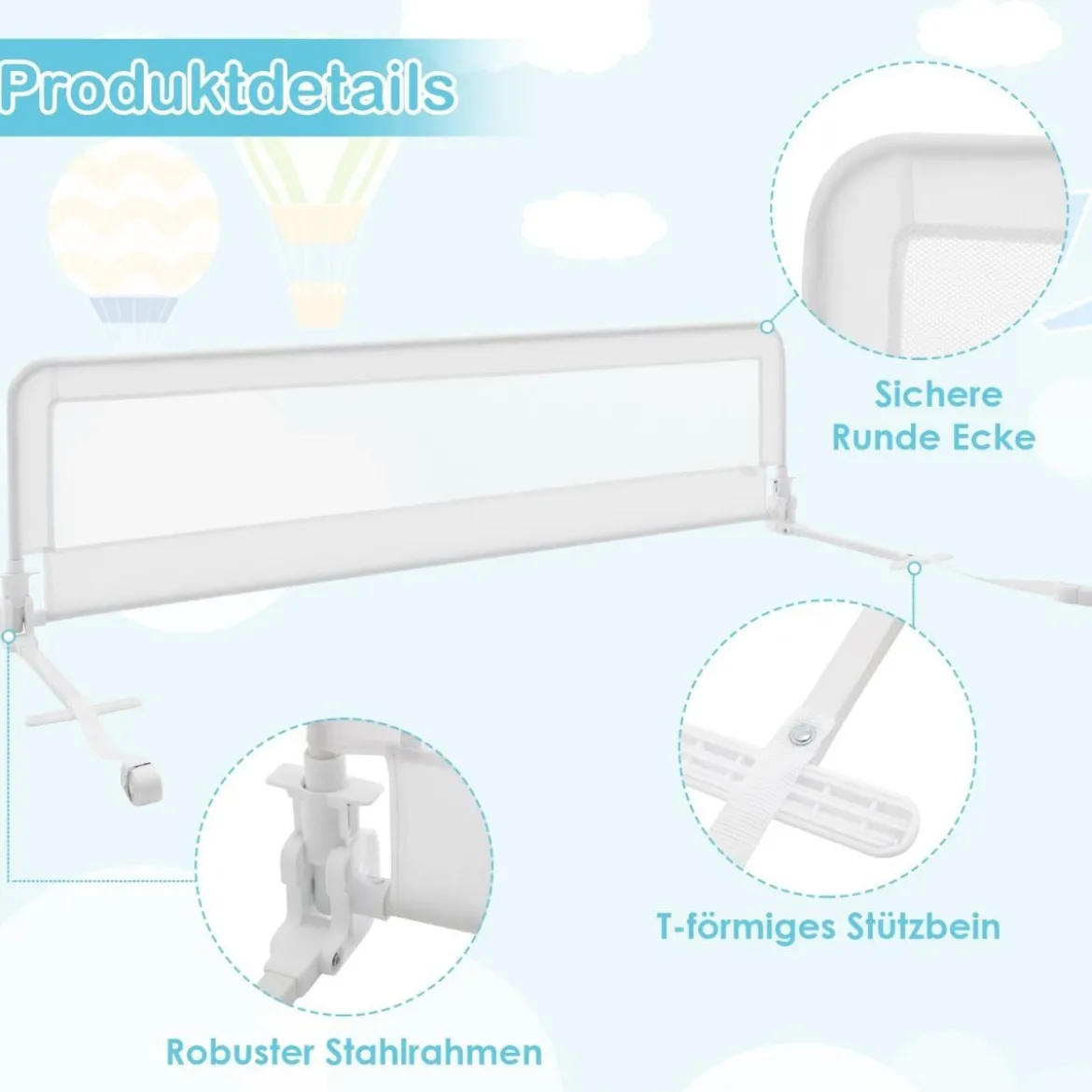 120cm Höhenverstellbares Bettschutzgitter mit Befestigungsgurt geeignet für Doppelmatratzen Weiß