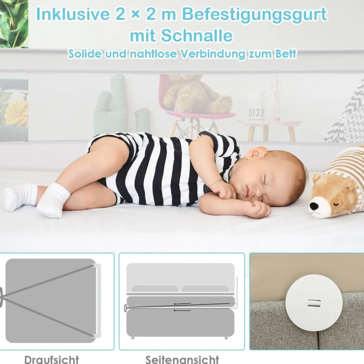 120cm Höhenverstellbares Bettschutzgitter mit Befestigungsgurt geeignet für Doppelmatratzen Weiß