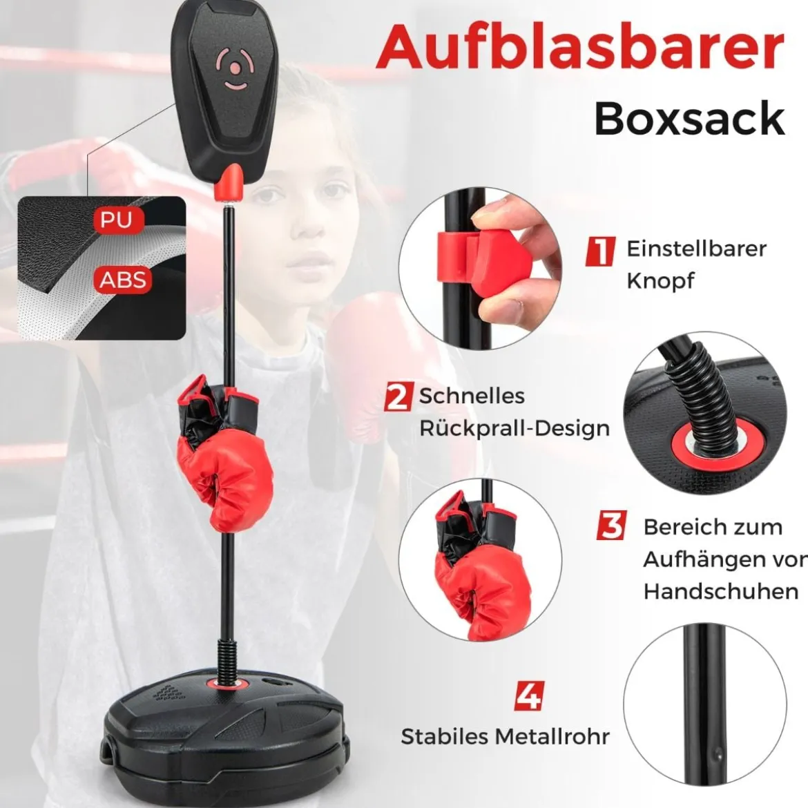 95-126 cm Höhenverstellbares Boxset Stehend Punchingball Standboxsack für Kinder ab 5 J.