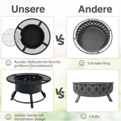 Ø 49 cm Höheverstellbare Feuerschale aus Stahl Feuerstelle mit 360° Grillrost Schwarz