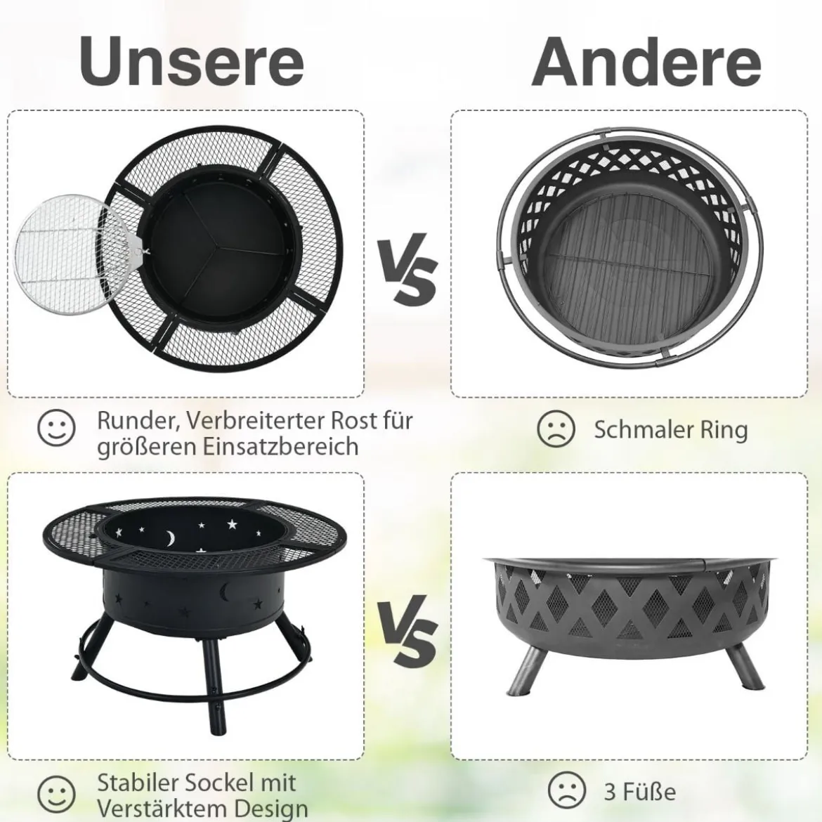 Ø 49 cm Höheverstellbare Feuerschale aus Stahl Feuerstelle mit 360° Grillrost Schwarz