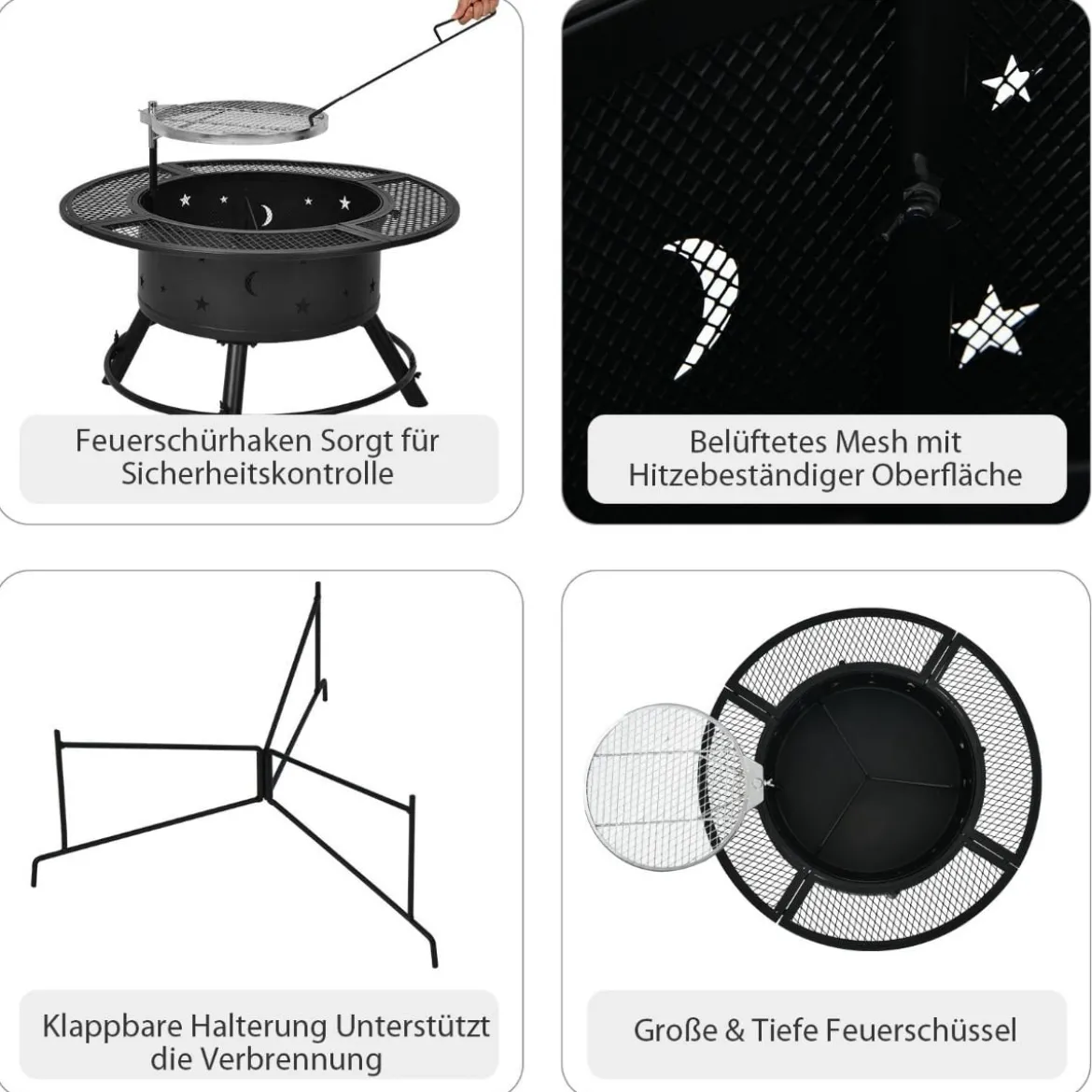 Ø 49 cm Höheverstellbare Feuerschale aus Stahl Feuerstelle mit 360° Grillrost Schwarz