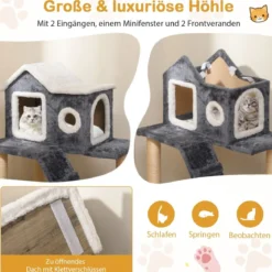 90 cm Hoch Kratzbaum mit Großer Höhle & Leiter & Sisalstämmen Katzenbaum Kletterbaum Grau