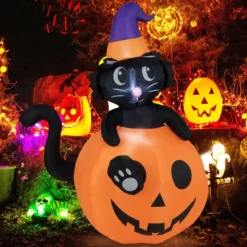 150 cm hohe aufblasbare Halloween-Dekoration Schwarze Katze mit Zaubererhut im Kürbis