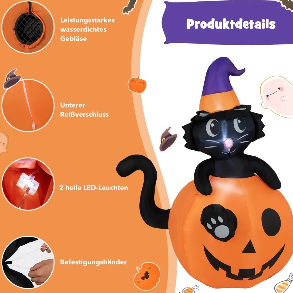 150 cm hohe aufblasbare Halloween-Dekoration Schwarze Katze mit Zaubererhut im Kürbis