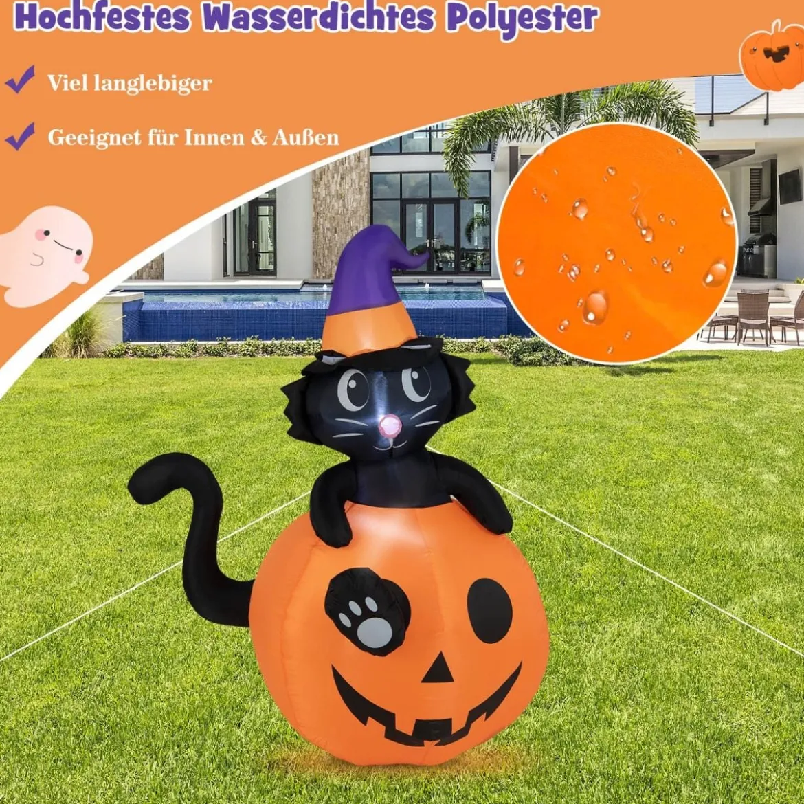 150 cm hohe aufblasbare Halloween-Dekoration Schwarze Katze mit Zaubererhut im Kürbis