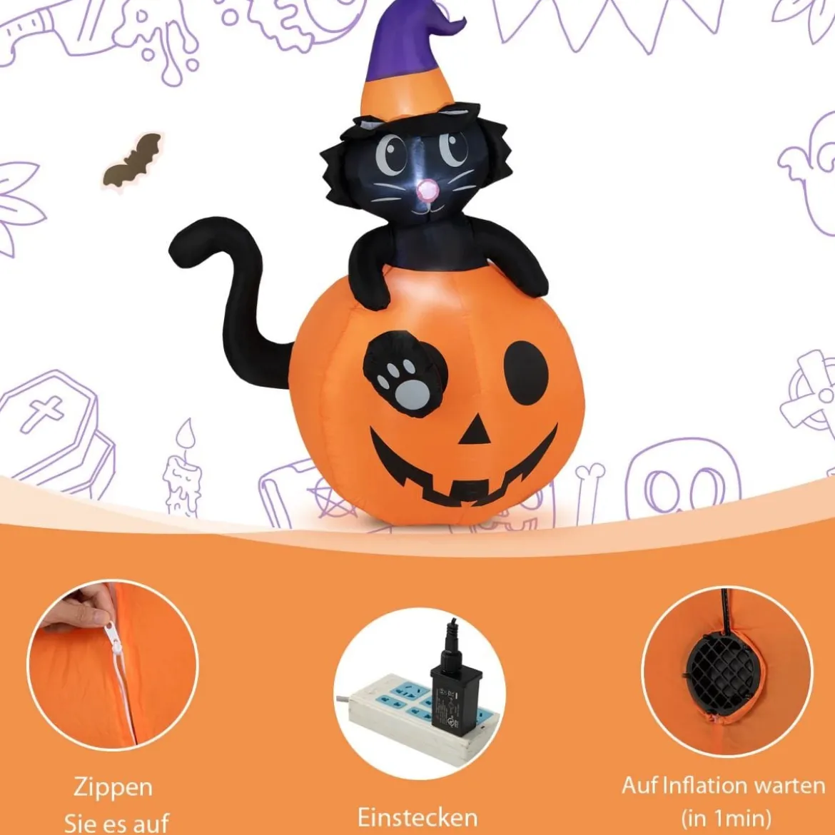 150 cm hohe aufblasbare Halloween-Dekoration Schwarze Katze mit Zaubererhut im Kürbis