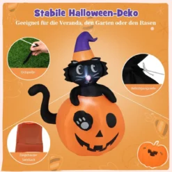 150 cm hohe aufblasbare Halloween-Dekoration Schwarze Katze mit Zaubererhut im Kürbis