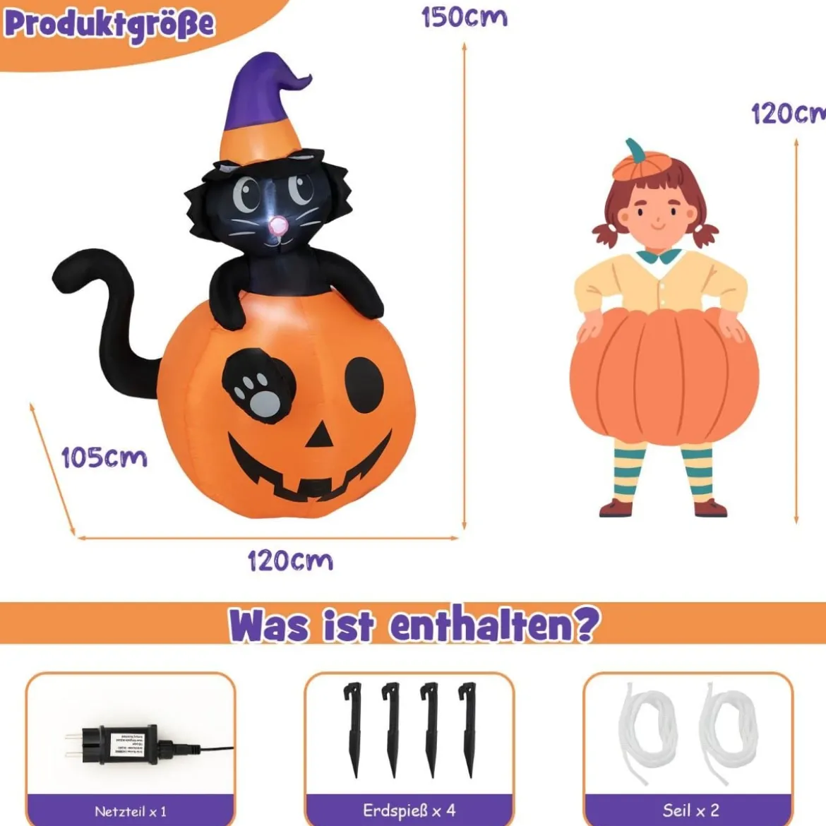 150 cm hohe aufblasbare Halloween-Dekoration Schwarze Katze mit Zaubererhut im Kürbis