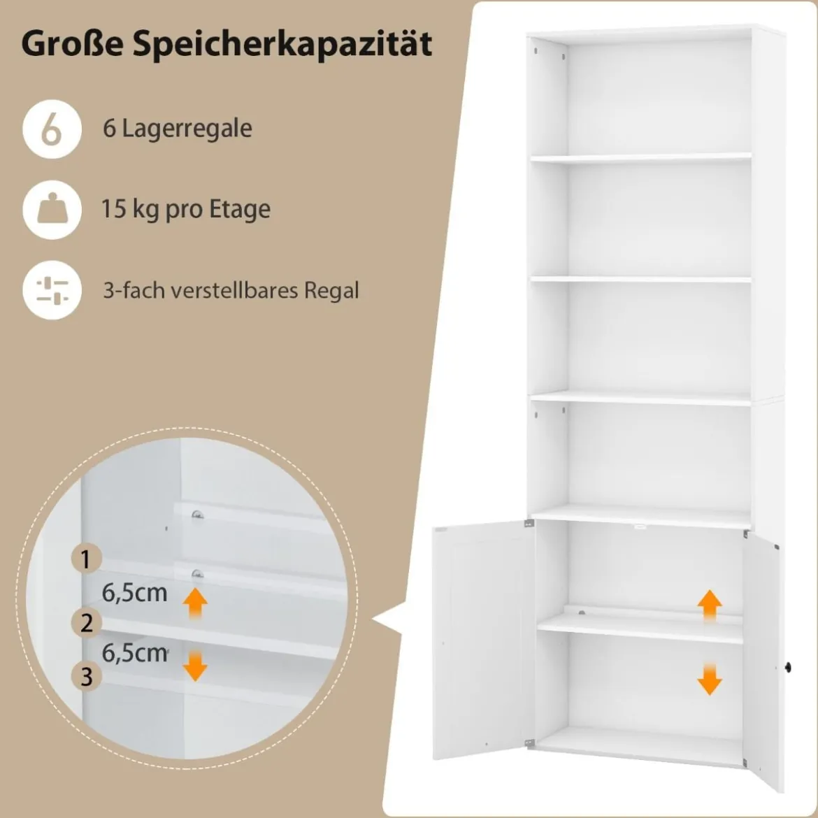 180 cm hohe Bücherregal im Landhausstil mit Türen Vielseitiger Vorratsschrank Weiß