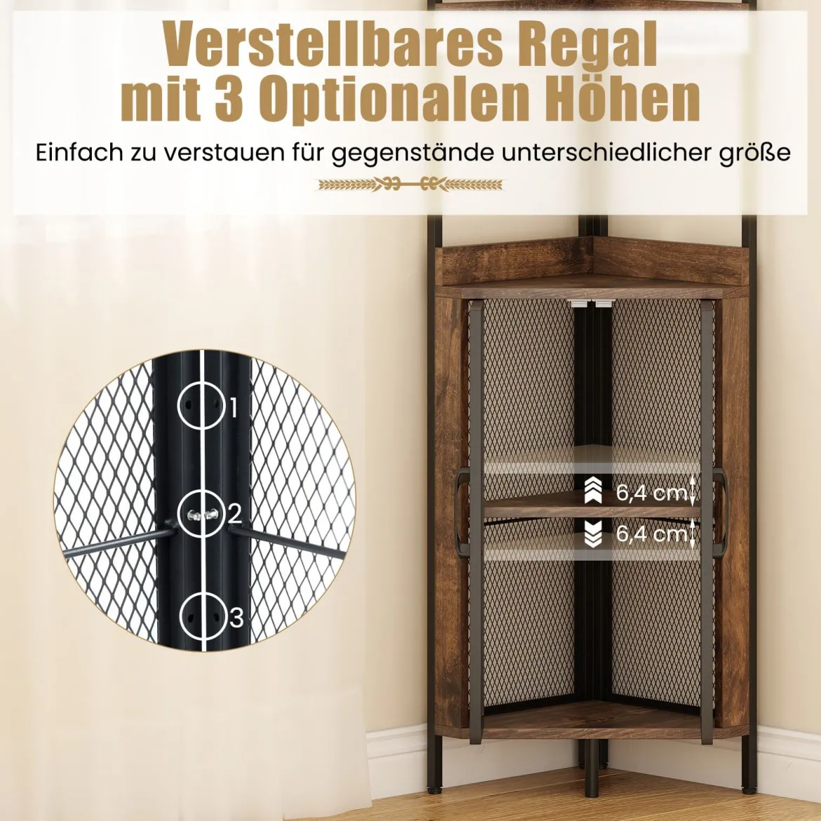 170 cm Hoh Eckregal mit Schrank & Türen & Metallrahmen Freistehendes Bücherregal Rustikal Braun