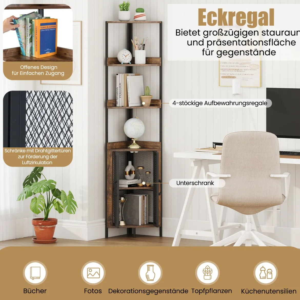 170 cm Hoh Eckregal mit Schrank & Türen & Metallrahmen Freistehendes Bücherregal Rustikal Braun