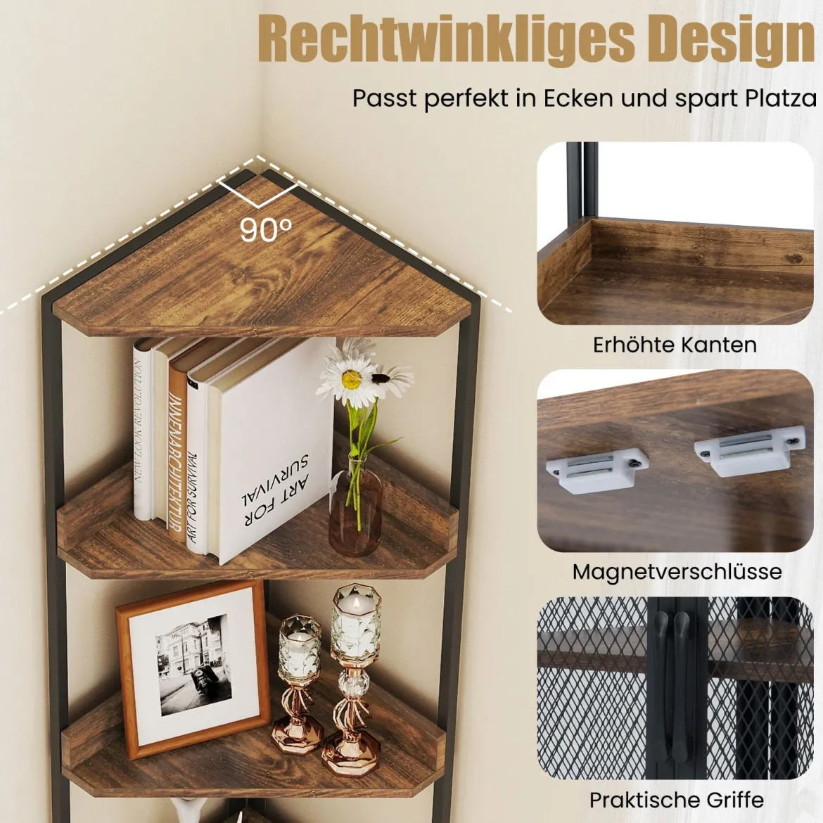 170 cm Hoh Eckregal mit Schrank & Türen & Metallrahmen Freistehendes Bücherregal Rustikal Braun