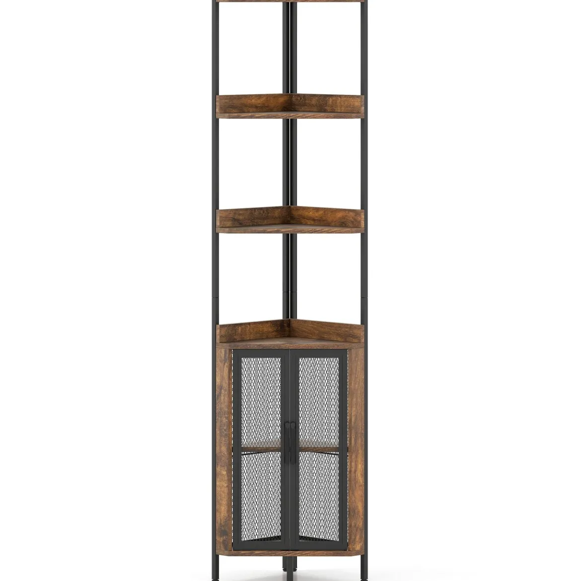 170 cm Hoh Eckregal mit Schrank & Türen & Metallrahmen Freistehendes Bücherregal Rustikal Braun