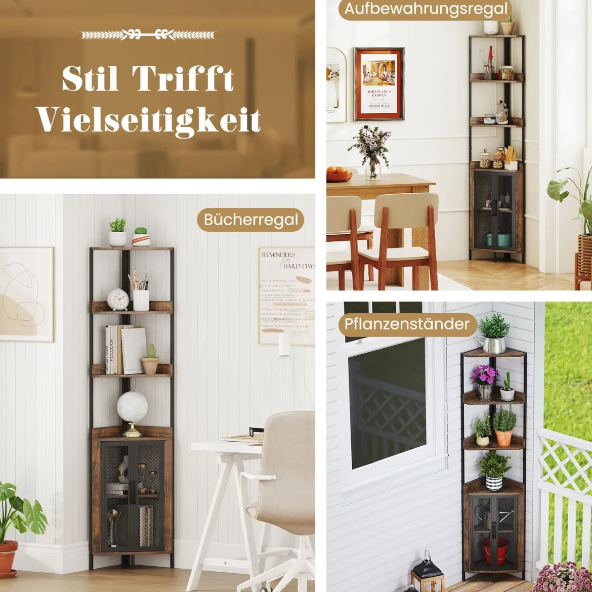 170 cm Hoh Eckregal mit Schrank & Türen & Metallrahmen Freistehendes Bücherregal Rustikal Braun