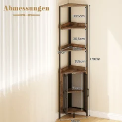 170 cm Hoh Eckregal mit Schrank & Türen & Metallrahmen Freistehendes Bücherregal Rustikal Braun