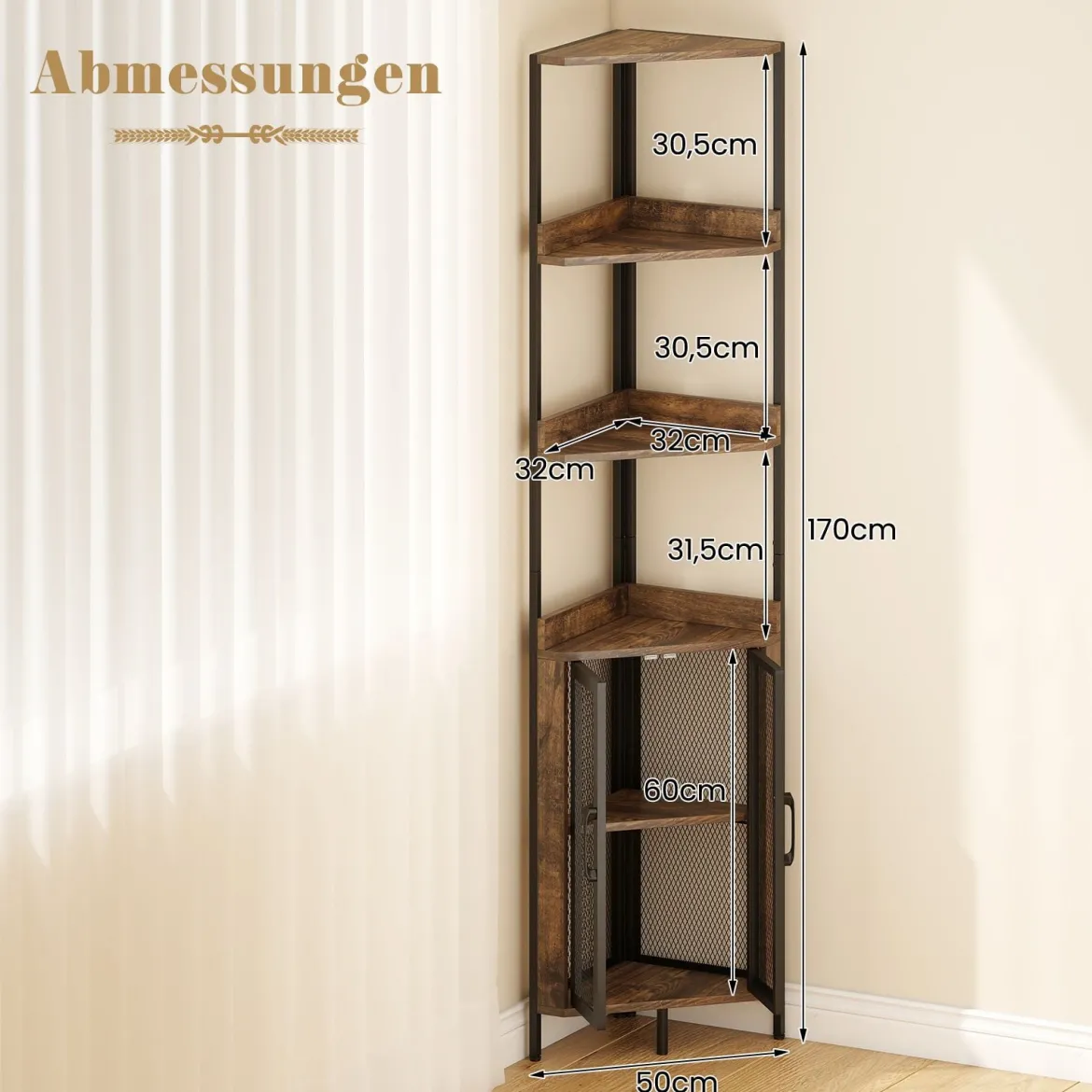 170 cm Hoh Eckregal mit Schrank & Türen & Metallrahmen Freistehendes Bücherregal Rustikal Braun