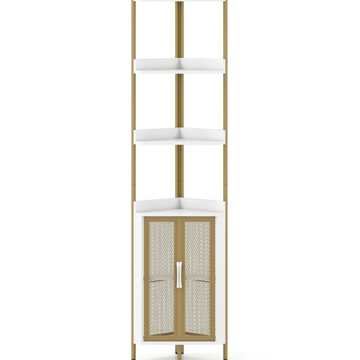 170 cm Hoh Eckregal mit Schrank & Türen & Metallrahmen Freistehendes Bücherregal Weiß