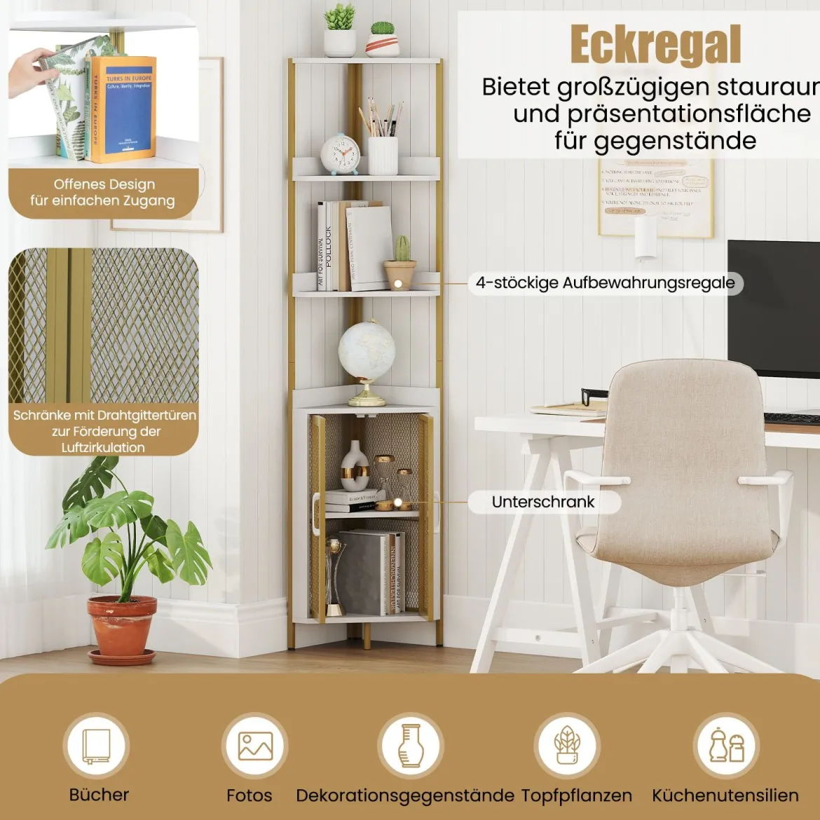 170 cm Hoh Eckregal mit Schrank & Türen & Metallrahmen Freistehendes Bücherregal Weiß