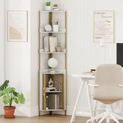 170 cm Hoh Eckregal mit Schrank & Türen & Metallrahmen Freistehendes Bücherregal Weiß