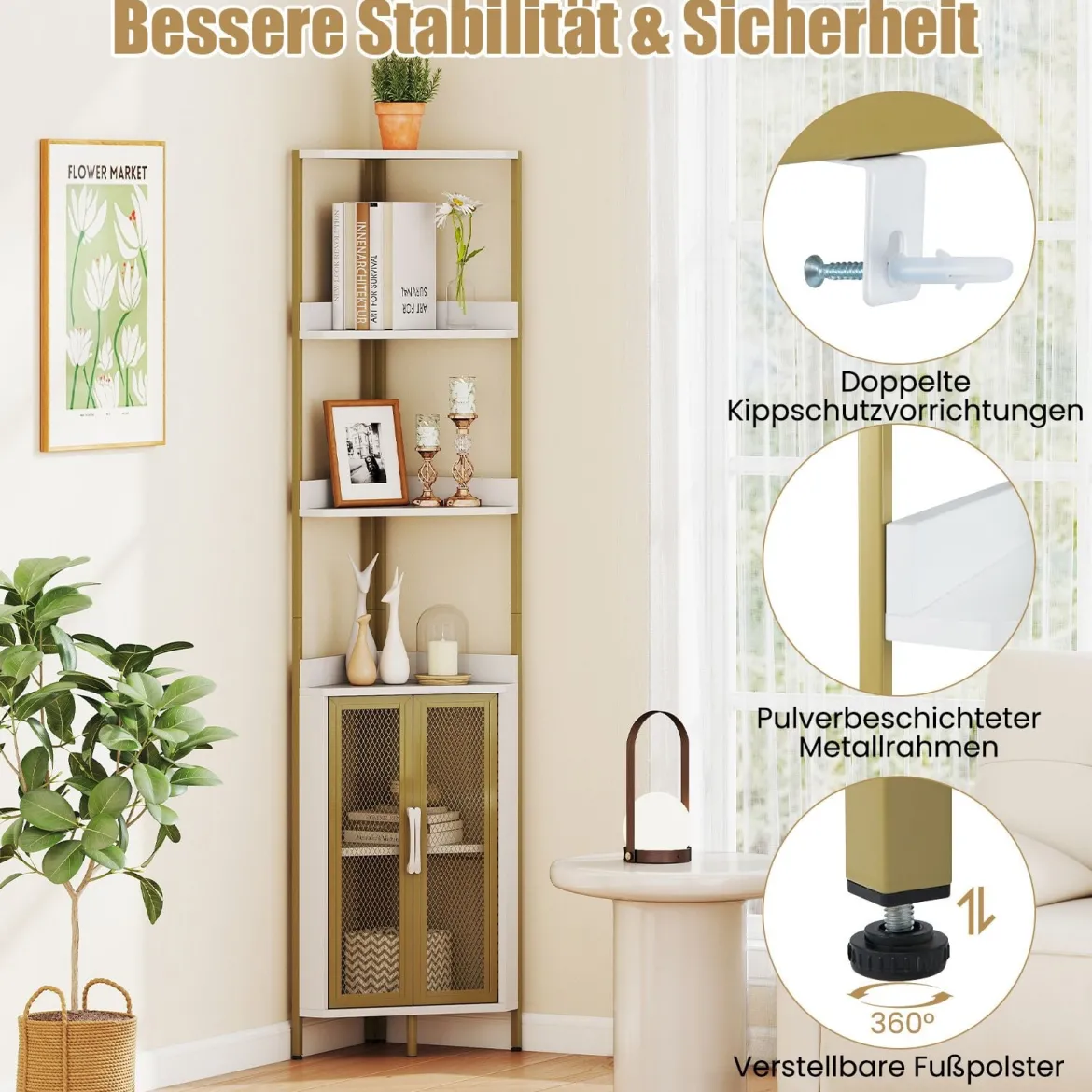 170 cm Hoh Eckregal mit Schrank & Türen & Metallrahmen Freistehendes Bücherregal Weiß