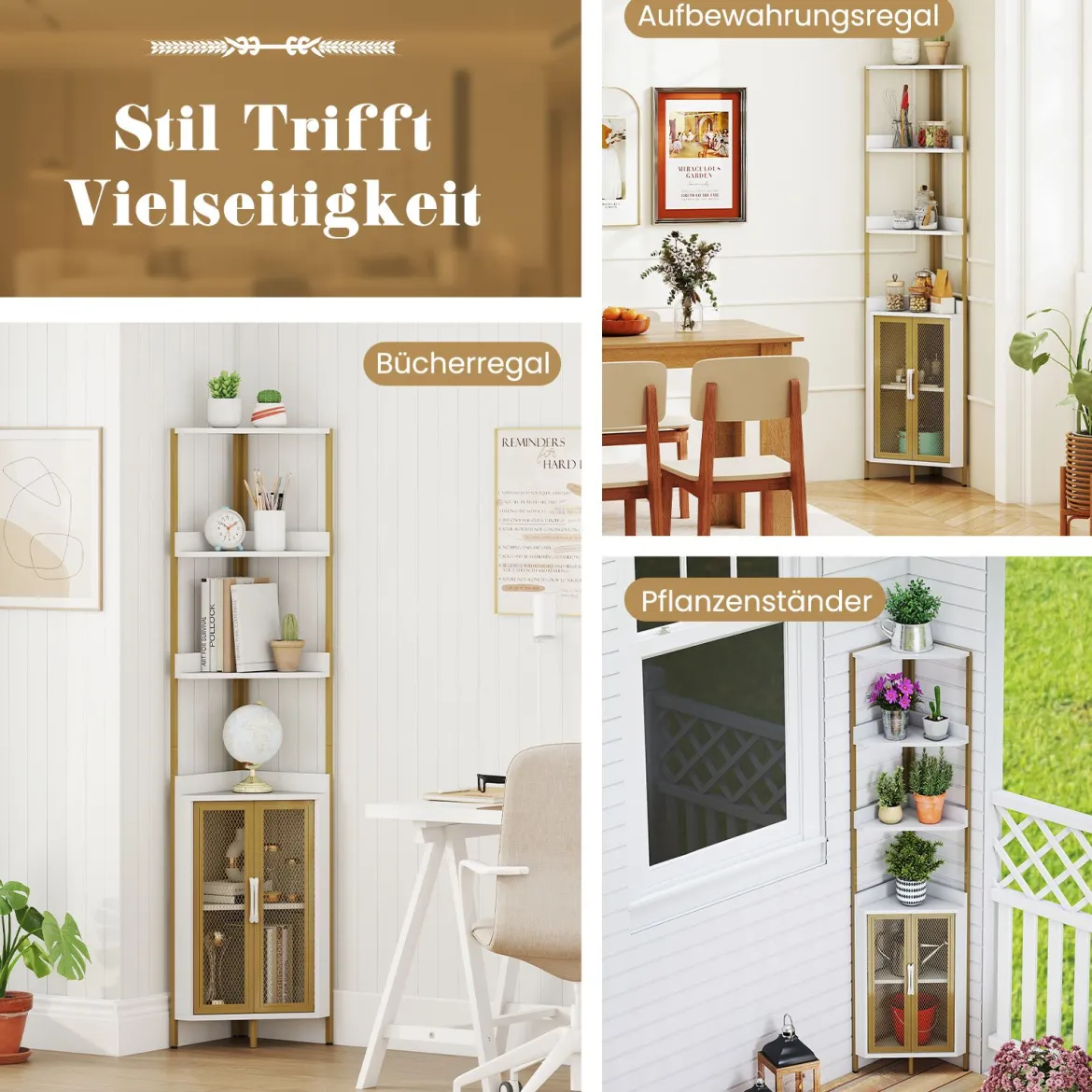 170 cm Hoh Eckregal mit Schrank & Türen & Metallrahmen Freistehendes Bücherregal Weiß