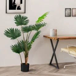 120 cm Hohe Fächerpalme Künstliche Tropische Palme mit Zementtopf & 8 Große Blätter