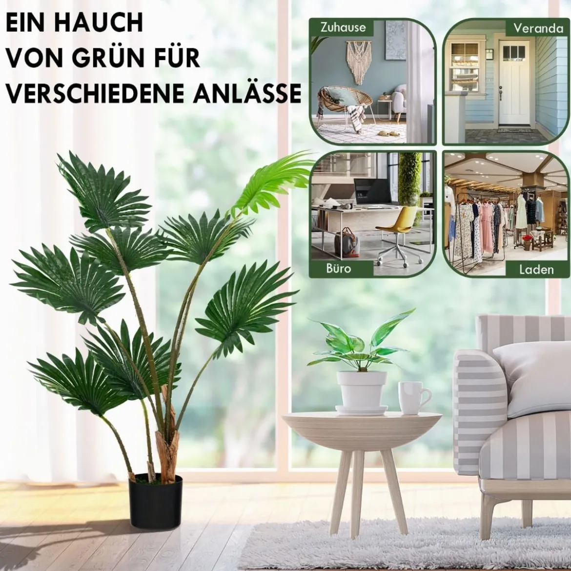 120 cm Hohe Fächerpalme Künstliche Tropische Palme mit Zementtopf & 8 Große Blätter