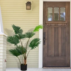 120 cm Hohe Fächerpalme Künstliche Tropische Palme mit Zementtopf & 8 Große Blätter