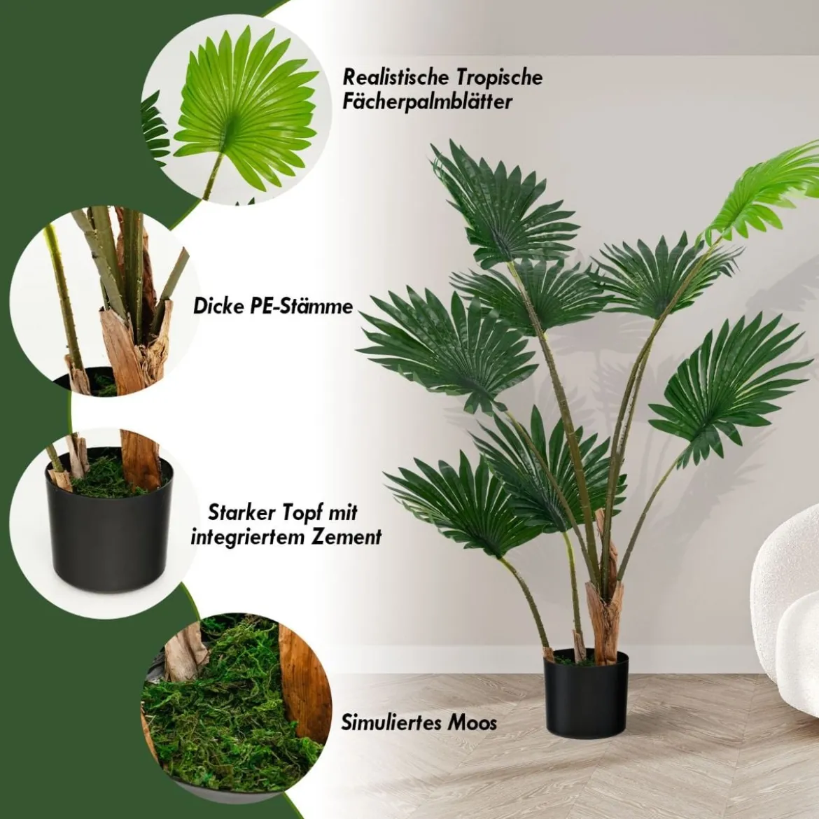 120 cm Hohe Fächerpalme Künstliche Tropische Palme mit Zementtopf & 8 Große Blätter