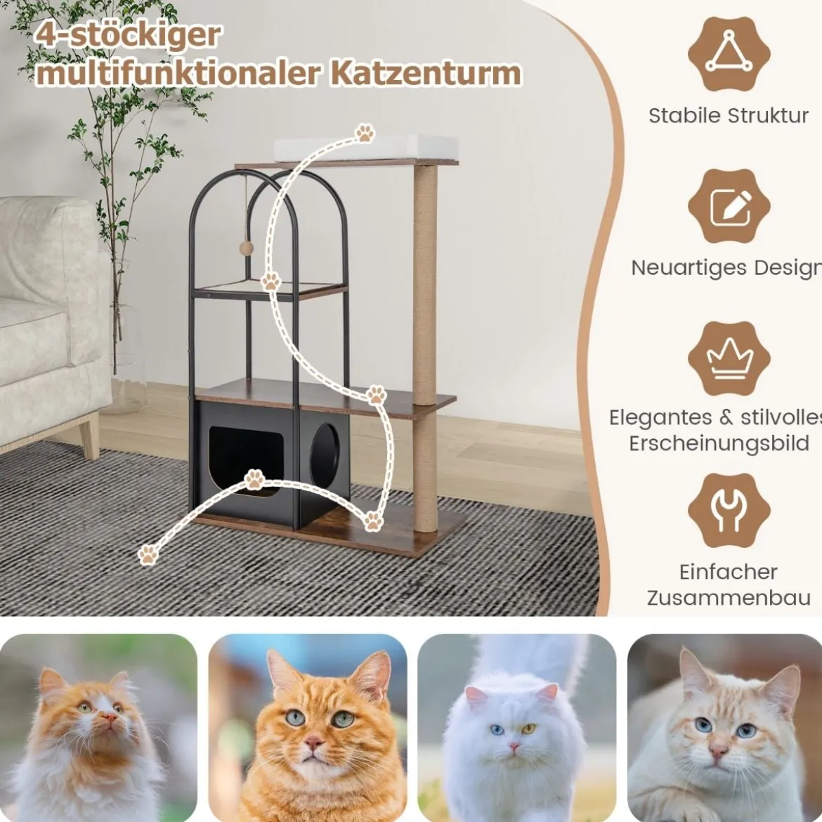 118 cm hohe Katzenbaum-Turm mit Metallrahmen Klettermöbel für Katzen