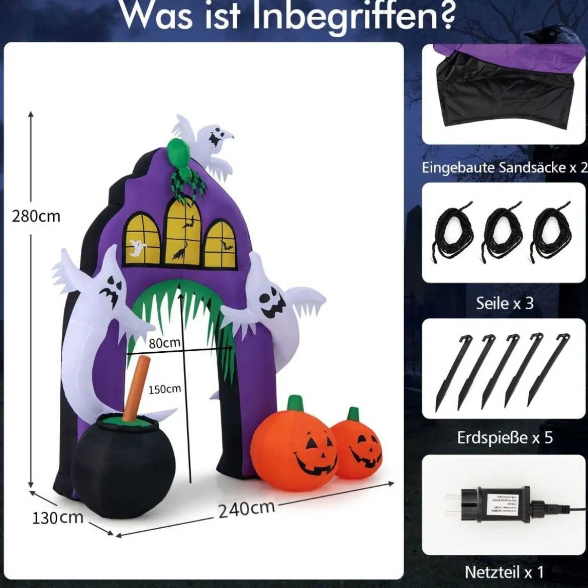 280 cm Hoher Aufblasbarer Halloween-Torbogen Aufblasbares Gruseltor mit Spinne