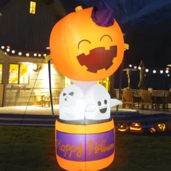180 cm hoher Aufblasbarer Halloween-Kürbis-Heißluftballon mit Geistern mit LED-Lichtern für drinnen und draußen Innenhof Rasen Horrorhaus Party