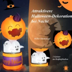 180 cm hoher Aufblasbarer Halloween-Kürbis-Heißluftballon mit Geistern mit LED-Lichtern für drinnen und draußen Innenhof Rasen Horrorhaus Party