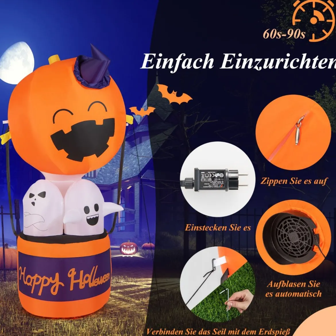 180 cm hoher Aufblasbarer Halloween-Kürbis-Heißluftballon mit Geistern mit LED-Lichtern für drinnen und draußen Innenhof Rasen Horrorhaus Party