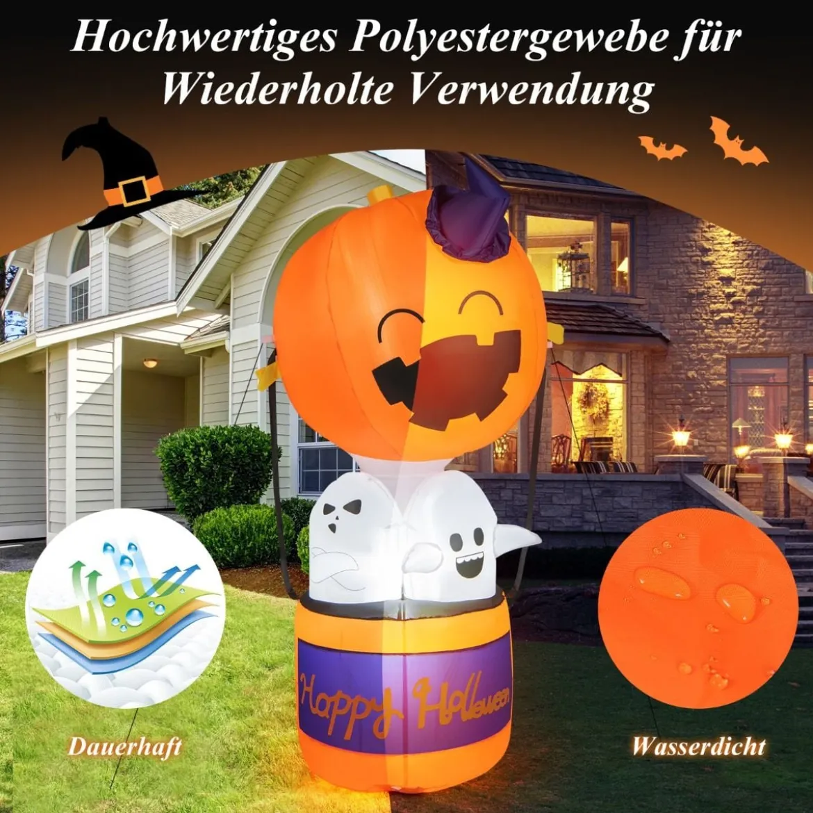 180 cm hoher Aufblasbarer Halloween-Kürbis-Heißluftballon mit Geistern mit LED-Lichtern für drinnen und draußen Innenhof Rasen Horrorhaus Party