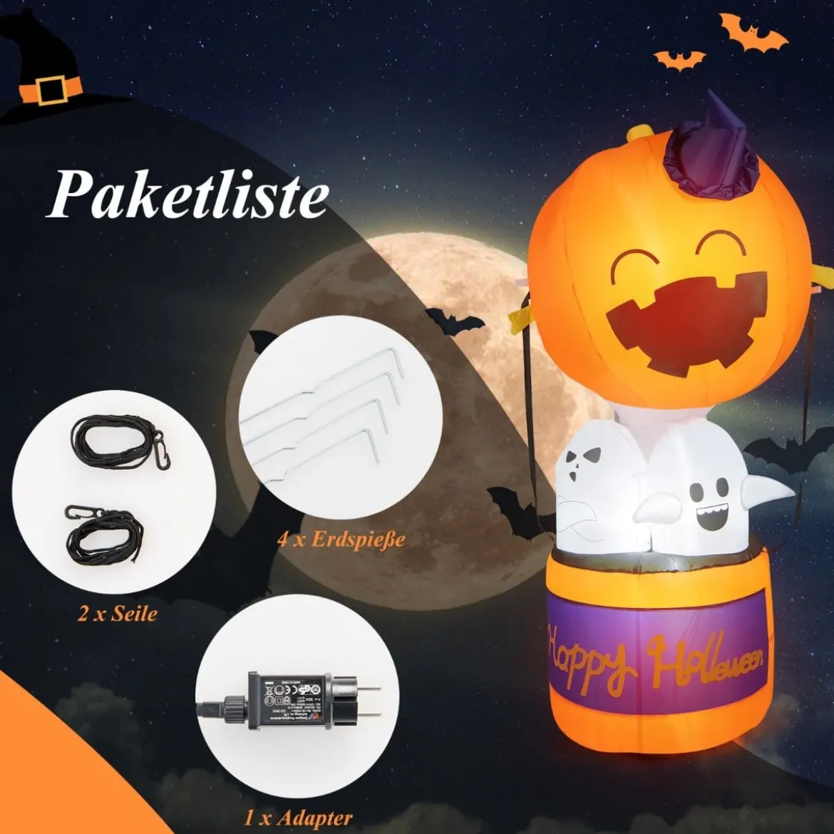 180 cm hoher Aufblasbarer Halloween-Kürbis-Heißluftballon mit Geistern mit LED-Lichtern für drinnen und draußen Innenhof Rasen Horrorhaus Party