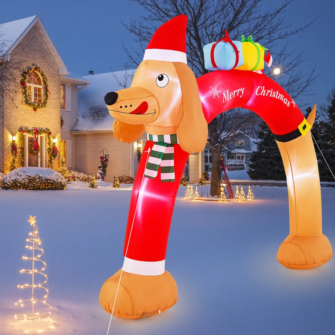242 cm hoher aufblasbarer Weihnachts-Dackel-Bogen aufblasbarer Weihnachtsbogen mit LEDs Bunt