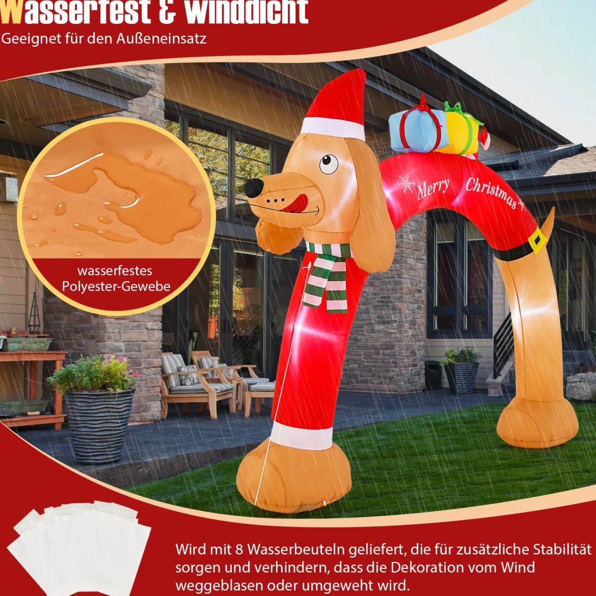 242 cm hoher aufblasbarer Weihnachts-Dackel-Bogen aufblasbarer Weihnachtsbogen mit LEDs Bunt