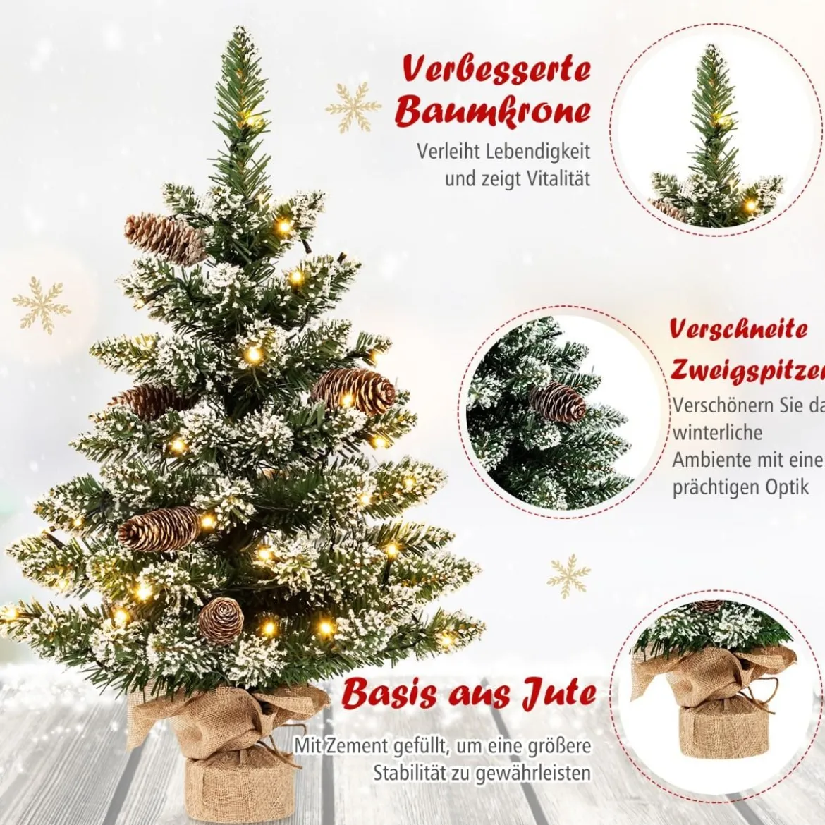 64 cm hoher beleuchteter Mini-Weihnachtsbaum Kleiner Künstlicher Schneebeflockter Christbaum Grün