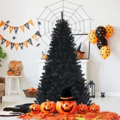 180 cm hoher beleuchteter schwarzer Weihnachtsbaum mit 250 lila LED-Lichtern für Feiertage