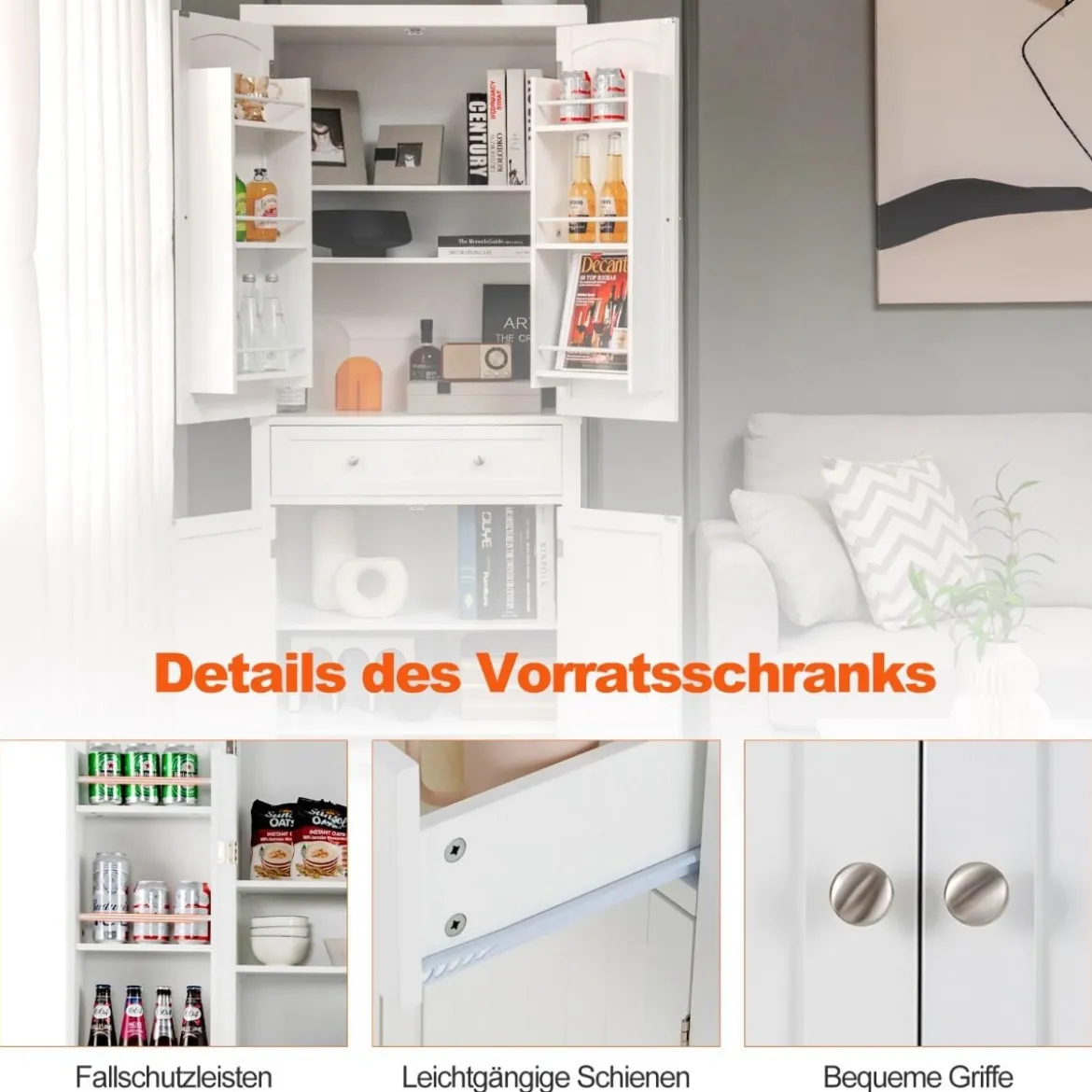 183 cm Hoher Freistehender Küchenschrank mit 4 Türen 76,5 x 40 x 183 cm Weiß