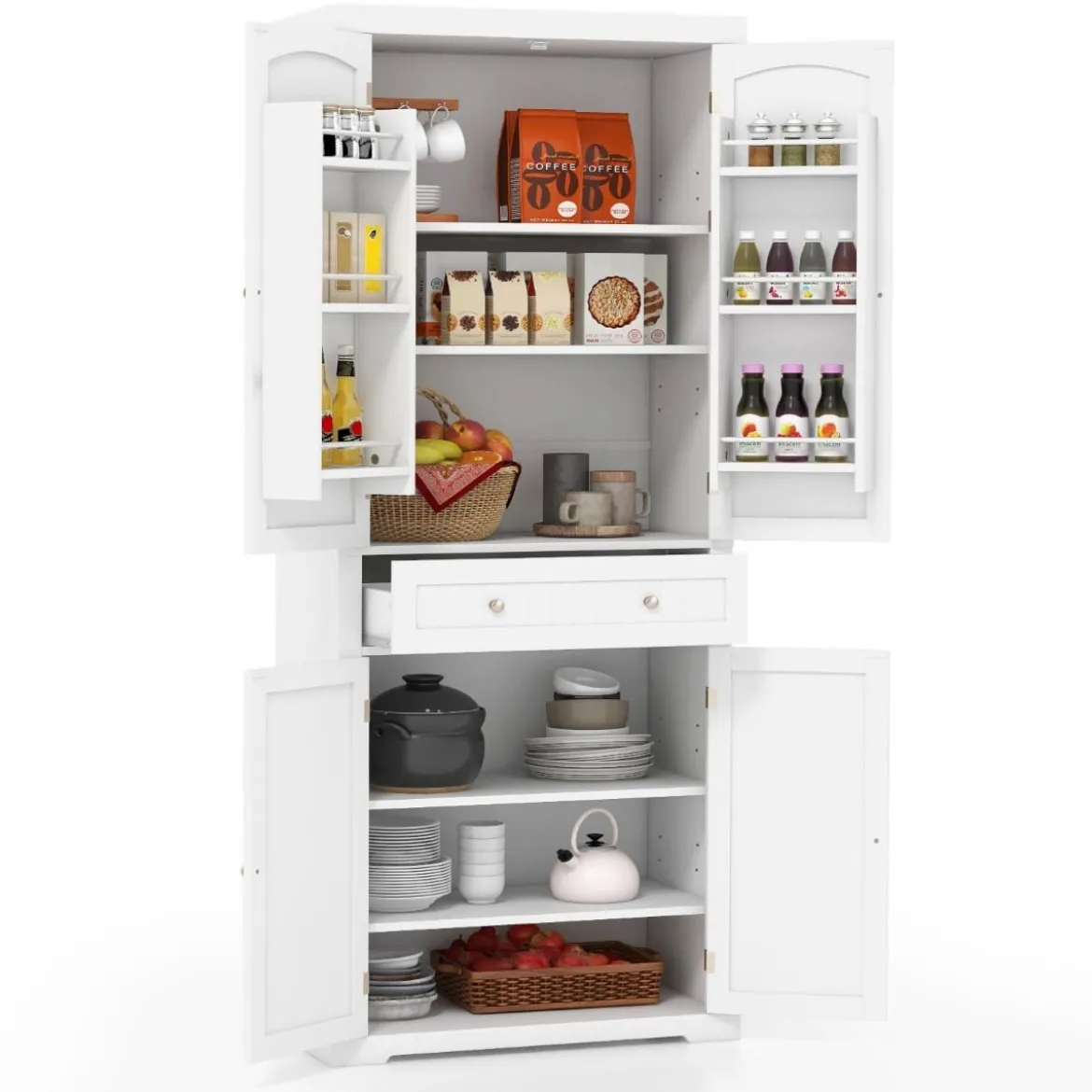 183 cm Hoher Freistehender Küchenschrank mit 4 Türen 76,5 x 40 x 183 cm Weiß